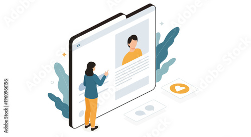 Woman character using social media app profile on giant tablet screen with heart and chat icons