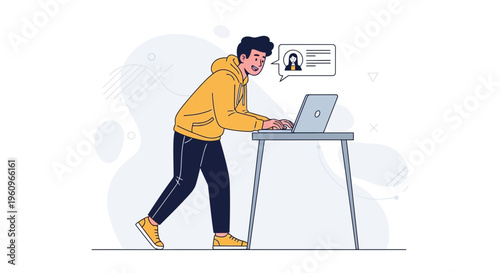 Young man in yellow hoodie using laptop, online communication concept