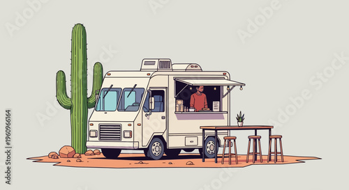 A small food truck van parked in the desert next to a big green cactus