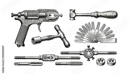 Vintage metalworking tools: gunstock brace, tapping set, and hammer