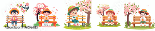 vector of a little boy sitting on a park bench drinking orange juice in spring