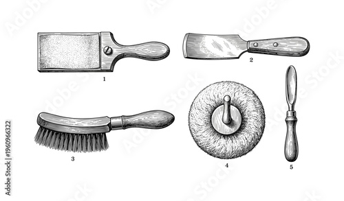 Vintage barber tools collection with razors, brush, and shaving accessories