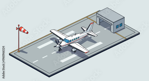 Small white airplane on runway with hangar and windsock in isometric 3D vector art style for travel