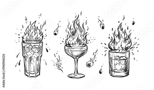 Hand-drawn flaming cocktails trio with ice and elegant glass designs