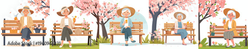 vector of a grandma sitting on a park bench drinking orange juice in spring