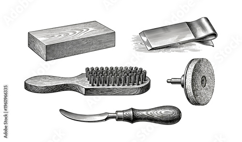 Vintage woodworking tools collection: brush, sharpening stone, sandpaper and block details