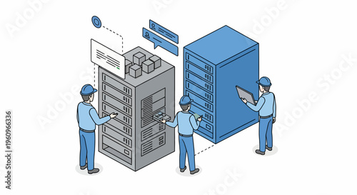 IT men team on data server rack web host net app pro tech support fix