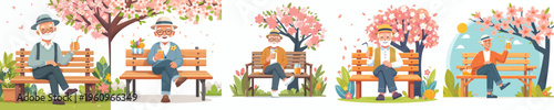 vector of a grandpa sitting on a park bench drinking orange juice in spring