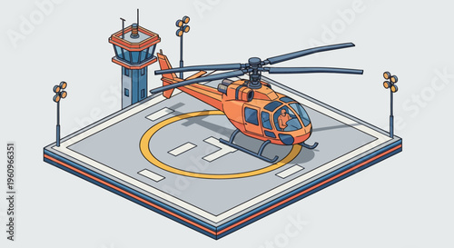 Small orange isometric helicopter on a landing pad with a tall tower and many bright lights