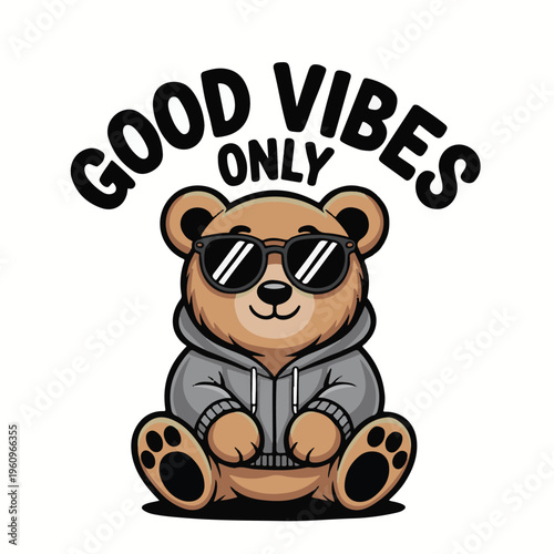 Cartoon illustration of a cool brown bear wearing sunglasses and a grey hoodie for good vibes.