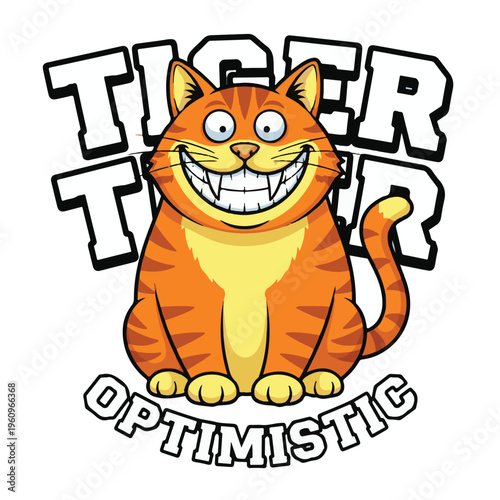 Smiling cartoon orange tabby cat with tiger stripes and the word optimistic below