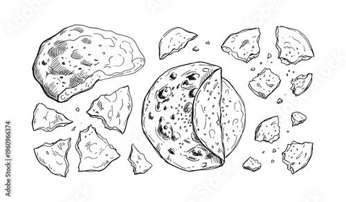Hand-drawn moon phases with craters and fragmented rocks