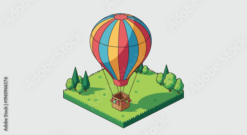A red blue and gold balloon flies up high over a small green park zone