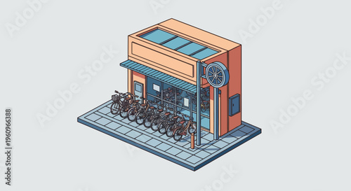 A small bike shop in a city with solar roof and a row of cycles