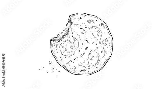 Hand-drawn illustration of a half-eaten cookie with crumbs