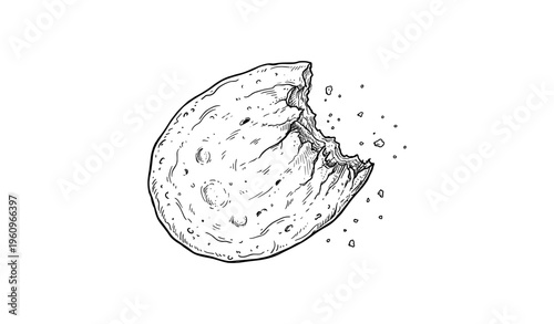 Hand-drawn illustration of a half-eaten cookie with crumbs