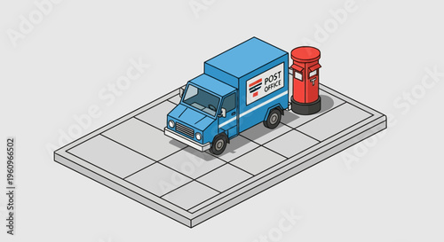 A blue mail van and red box on floor flat vector art logo icon set