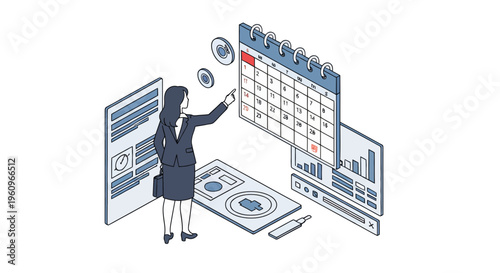Business lady in suit manages work tasks using big calendar and project data chart reports