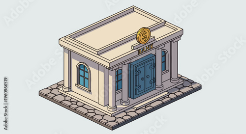 Bank icon with gold coin for cash in city area for web app and ui