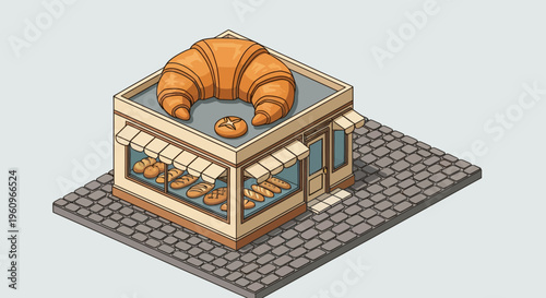 Isometric small cute bakery shop with giant croissant on roof selling fresh bread loaf pastries daily