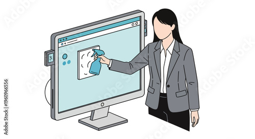 Woman cleaning computer monitor screen spray bottle tech data work help office business lady suit