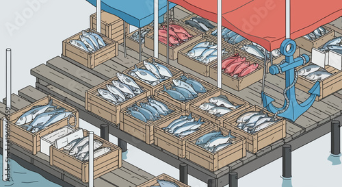 Isometric fish market on a pier with anchor crates of fresh seafood and red blue awnings