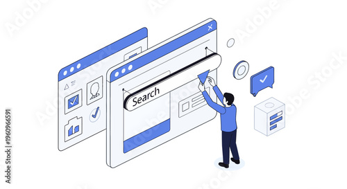 Isometric web search optimization concept with developer building interface layout using various software browser windows elements