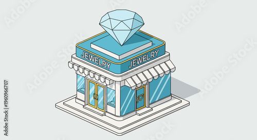 Modern isometric jewelry store building with giant diamond on roof for luxury retail boutique shop business