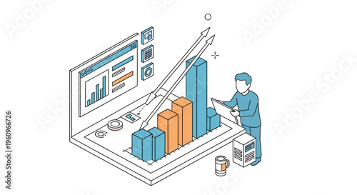 Man work with data chart and arrow for web and sale plan and firm win