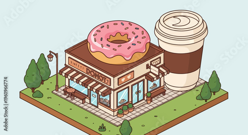 A cute tiny 3d donut shop with pink icing and a hot coffee cup art
