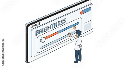 Man adjust bright slider on big ui screen panel for light control in flat isometric vector art