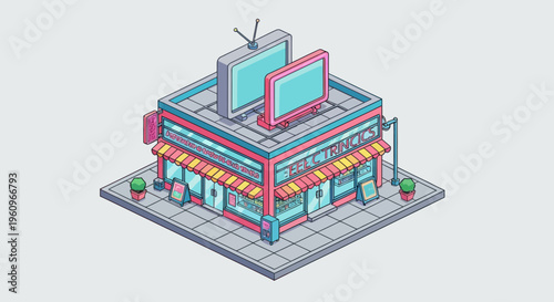 Isometric Pixel Art Retro Electronics Store Building with Signage and Antennas for Digital Games and Web