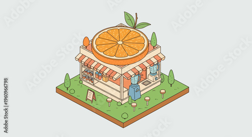 Isometric fresh orange juice shop bar with fruit roof icon art vector sign 3D map web