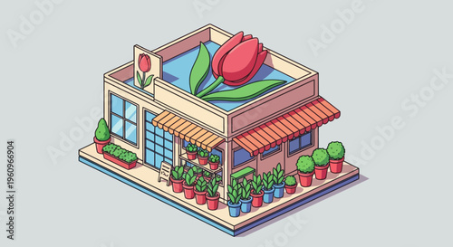 Isometric flower shop building with many green potted plants and a large red tulip sign