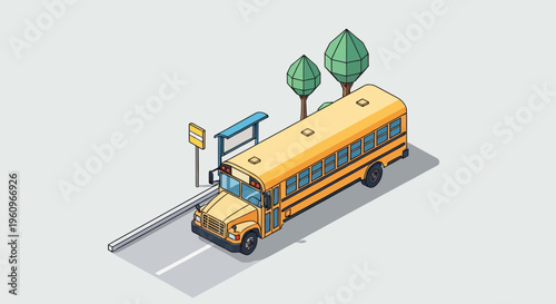 Yellow bus stop road tree flat iso vector school sign art car it on go
