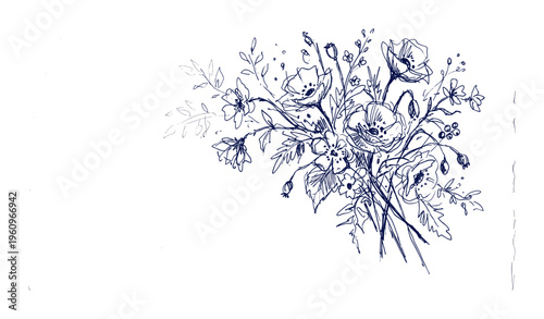 Elegant blue botanical sketch of wildflowers and foliage