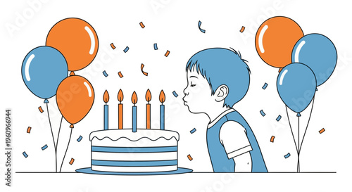 A kid boy blow out lit cake candle at party with balloon for big day
