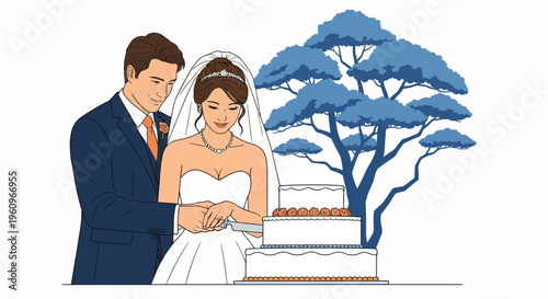 A bride and a groom cut a white cake at a wedding by a tree