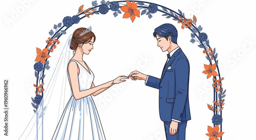A groom puts a ring on a bride hand at a flower arch on a day
