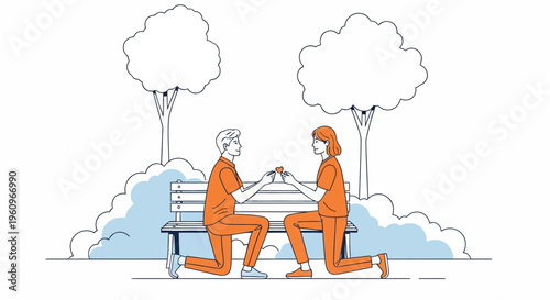 A man and woman kneel holding heart in a park for love and happy romance