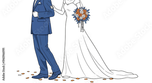 Bride and groom in white dress and blue suit walk together at their wedding ceremony event