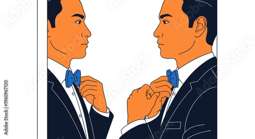 Man in suit fix blue bow tie see self in mirror face profile side view