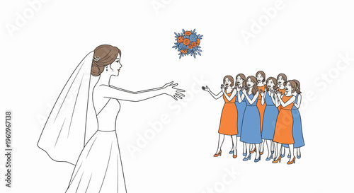 A bride in gown throws a bouquet to girls on a big day for fun