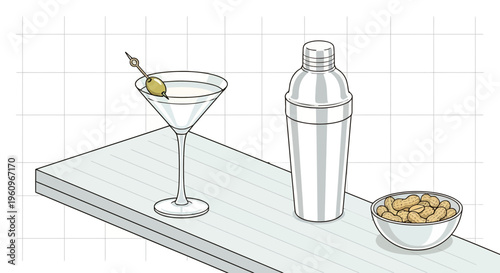 A glass of gin with ice shaker and nut bowl at a pub bar top