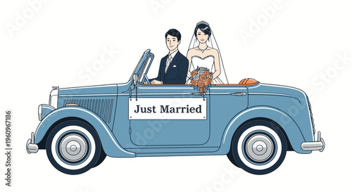 A bride and a groom in a blue car on a big happy day trip