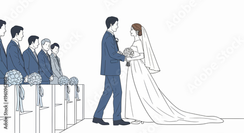 Bride groom at altar for a wedding day with guests in pews to say yes