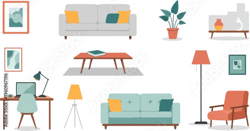 Various living room furniture and decor items arranged on a white background