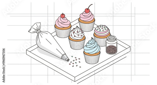 A set of six cupcakes with cream bag jar tray and baking tools kit art