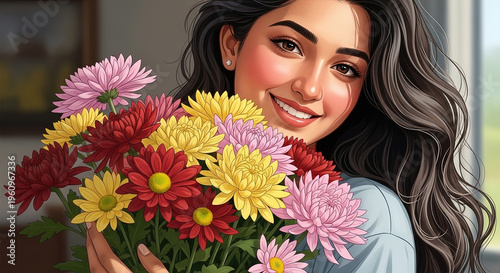 Young woman smiling while holding colorful bouquet of flowers  