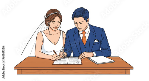 Asian Bride and Groom Signing Wedding Marriage Certificate Document